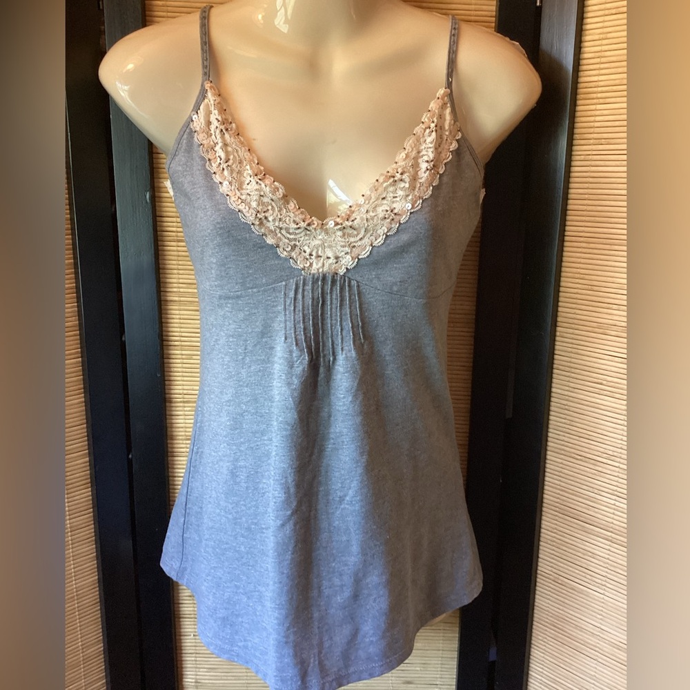💗 Vintage Y2K Lace Trim Camisole Sz S Gray Cami NWOT